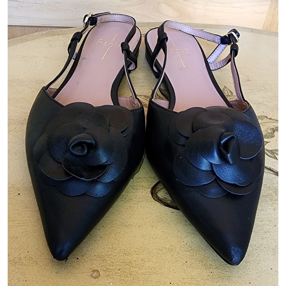 Linea Paolo Sz 8M Black Leather Rosette Flower Slingback Pointed Toe Flats